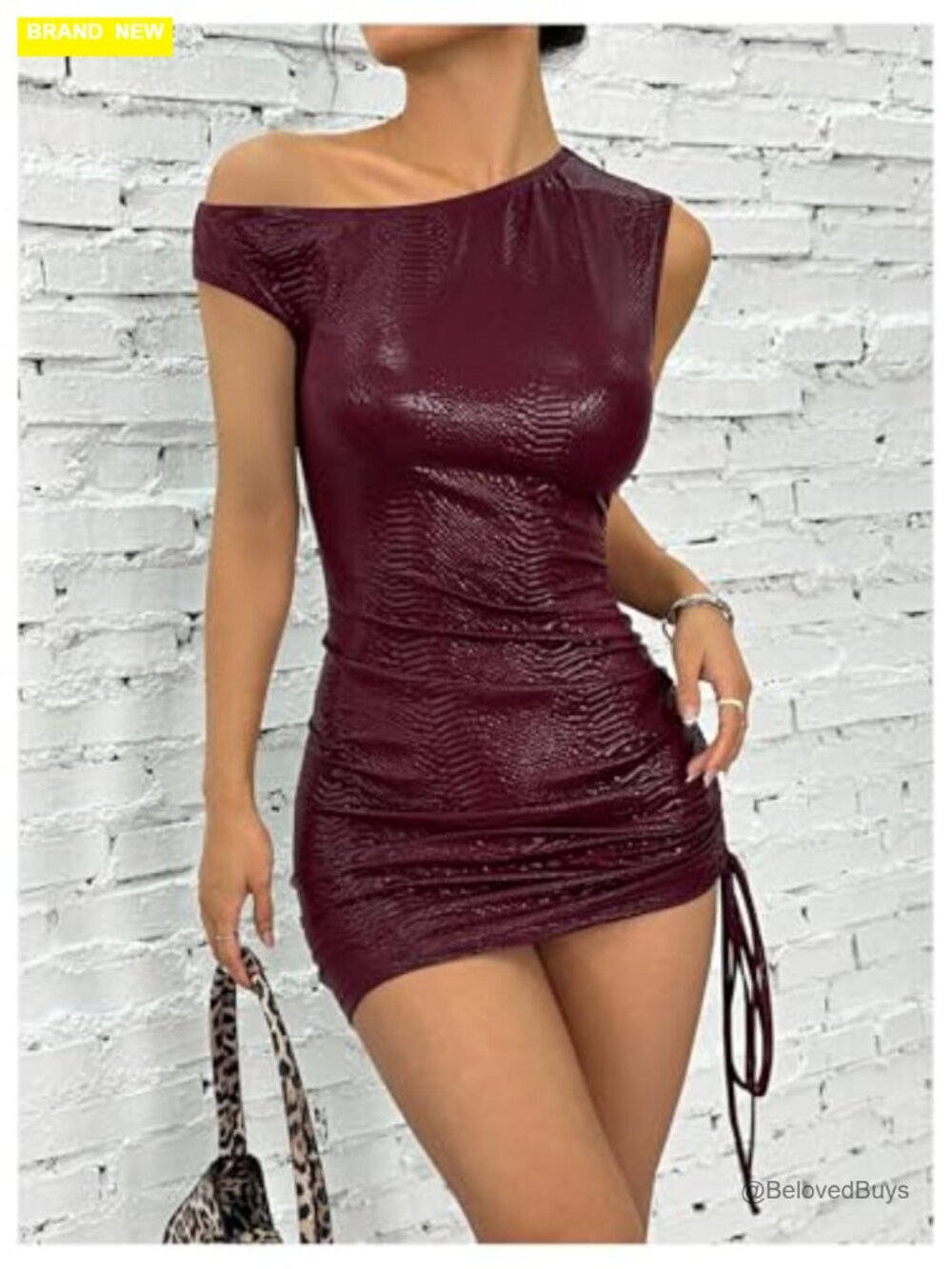 Off Shoulder Pu Leather Mini Dress Sexy Drawstring Ruched Club Dress - Picture 5 of 6